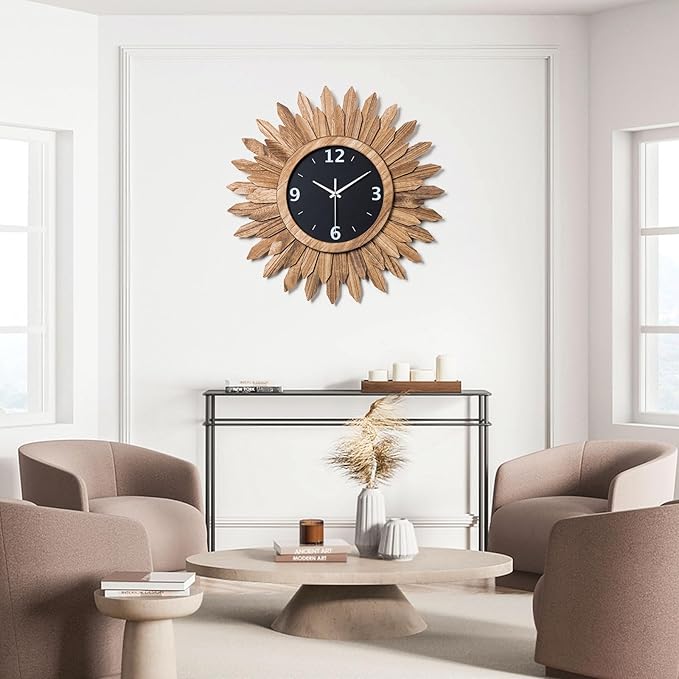 Honiway Large Wall Clock Battery Operated 21 in Rustic Wood Boho Sunburst Decorative Wall Clock Silent Non Ticking Farmhouse Wall Clocks for Living Room Bedroom Kitchen Bathroom Decor (Rustic Brown)