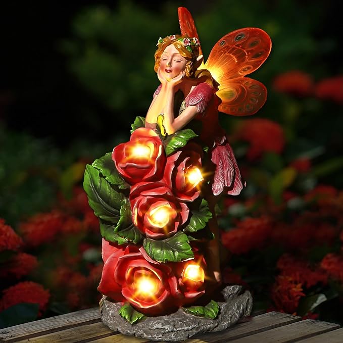 Solar Garden Outdoor Statues Cute Flower Fairy with 7 LED Solar Figurine for Lawn,Patio, Balcony, Yard Unique Housewarming Gift, for Woman, Mom, Grandma
