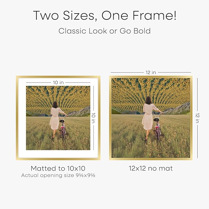 Homeforia 12x12 Picture Frame Gold, High End Metal 12 x 12 Square Poster Frame with Mat 10 x 10 Photo, 12x12 Frame Matted to 10x10 Print, 12by12 Gold Hanging Frames, Tempered Glass, Wall Kit, Set of 1