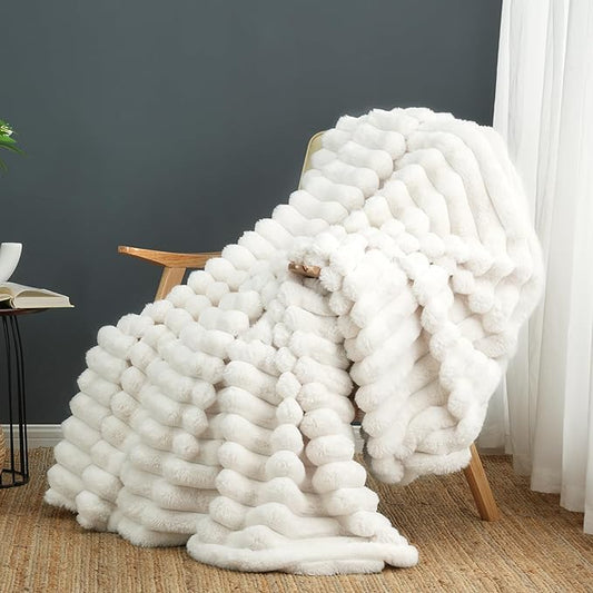 Cozy Bliss Faux Fur Throw Blanket for Couch, Cozy Warm Plush Striped Blanket for Sofa Bedroom Living Room, 50 * 60 Inches Cream White