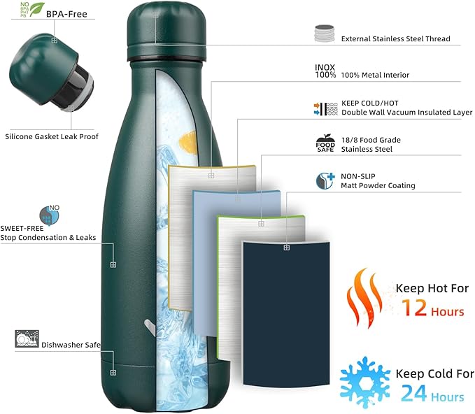 Insulated Water Bottles,12 oz Double Wall Stainless Steel Vacumm Metal Flask for Sports Travel,Army Green