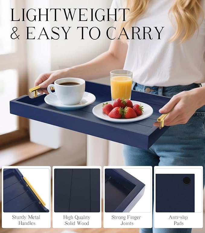 Coffee Table Tray - Large Ottoman Tray for Living Room - Wood Serving Tray with Handles(2 Sets) - Wooden Trays for Coffee Tables, 4 Round Coasters Included, Deep Blue
