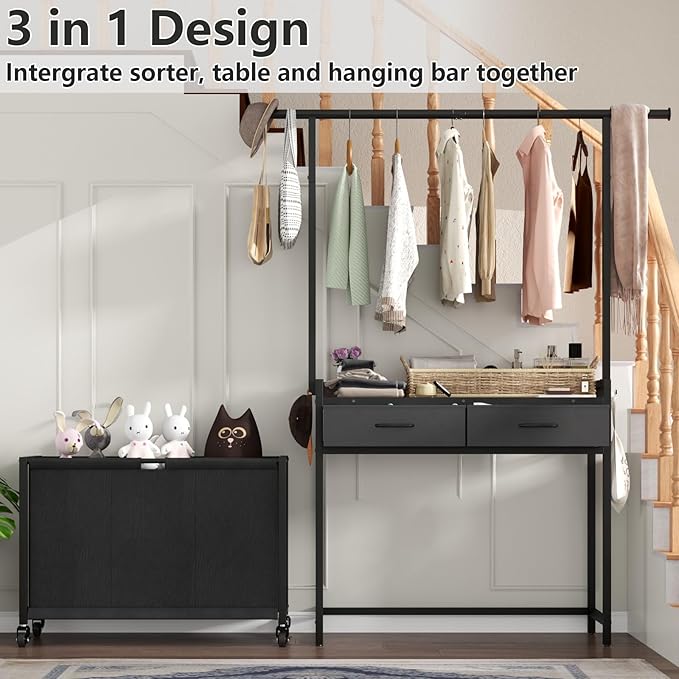 Laundry Sorter Hamper with Hanging Cloth Rack, Laundry Basket with 3 Section Pull-Out Rolling Bags, Laundry Sorter for Organization and Storage with 2 Drawers for Laundry Room (Vinatge Brown)