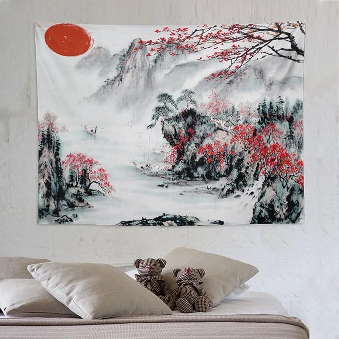 Cherry Blossoms Tapestry,Japanese Red Landscape Asian Watercolor Abstract Art Tapestry, Asian Japanese Wall Tapestry, Nature Landscape Tapestries for Bedroom Living Room Decor 80"x60"