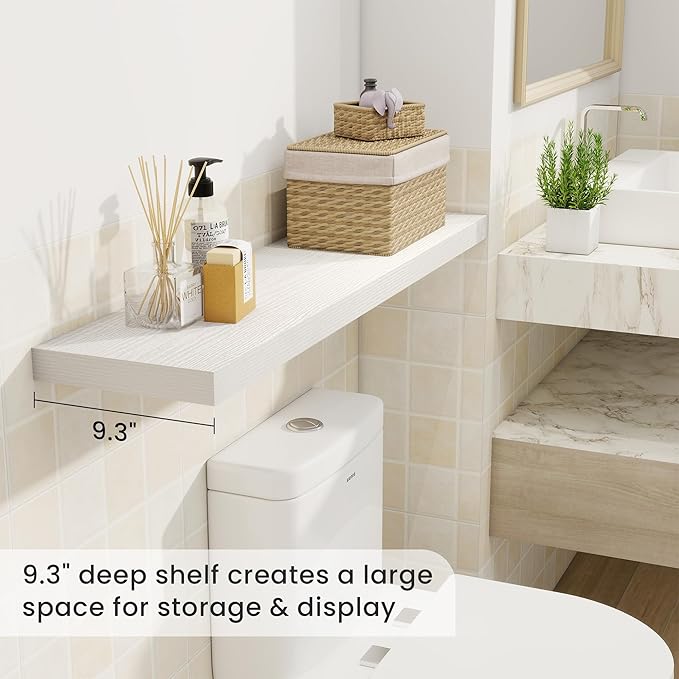 Fun Memories 40" Rustic Wood Floating Shelves with Invisible Brackets for Storage & Decor, Deep Wall Mounted Shelves for Bathroom, Kitchen, Living Room (White, Set of 2)