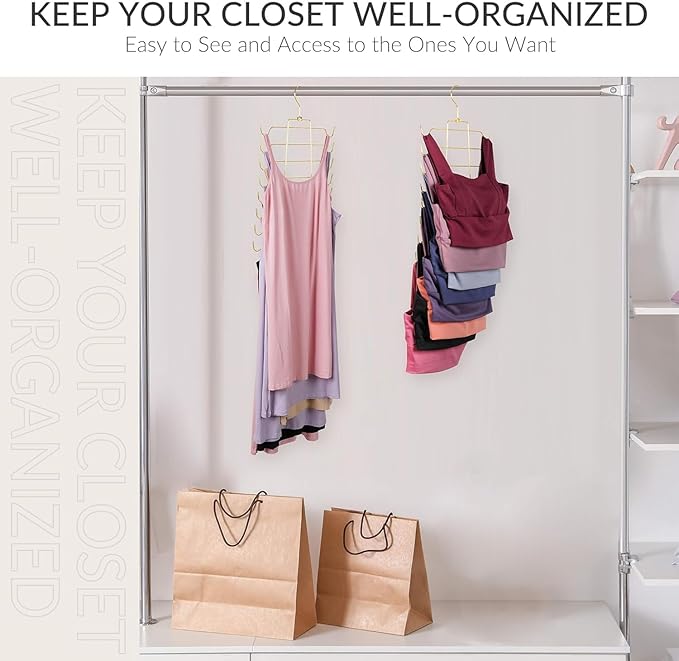 ZEDODIER 3 Pack Tank Top Hanger, Space Saving Bra Hangers, Non-Slip Hanging Sport Bras Holder, Closet Organizers and Storage for Camisoles Tank Tops Bras Ties Swimsuits Strappy Dress, Gold