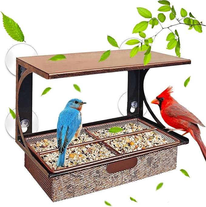Window Bird Feeder with Strong Suction Cups, Metal Bird Feeders for Outdoors Birdwatching Gifts for Cats & Nature Lovers