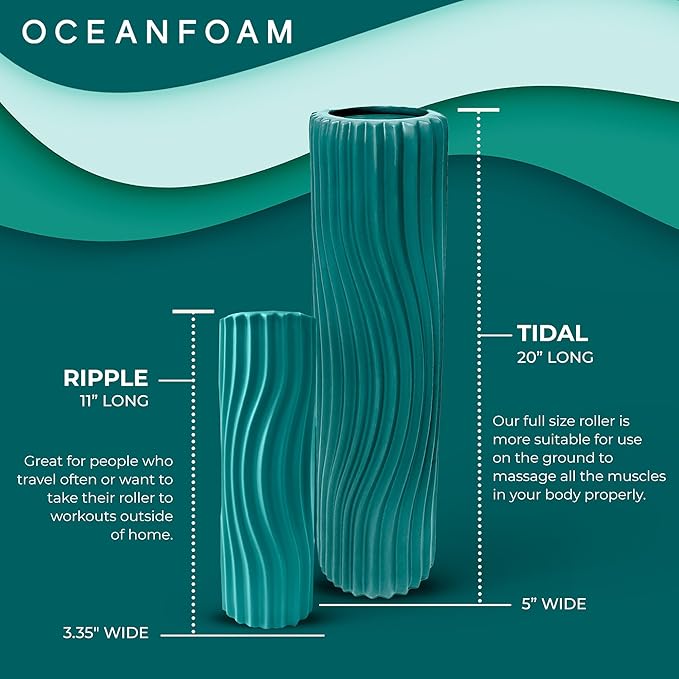 Oceanfoam Tidal Roller - Jade - Muscle Massage Foam Roller for Back Pain & Stretching - Firm and Ergonomic Wide Wave Textured - Yoga, Athletics, & Wellness - Full Size, 20" x 5"