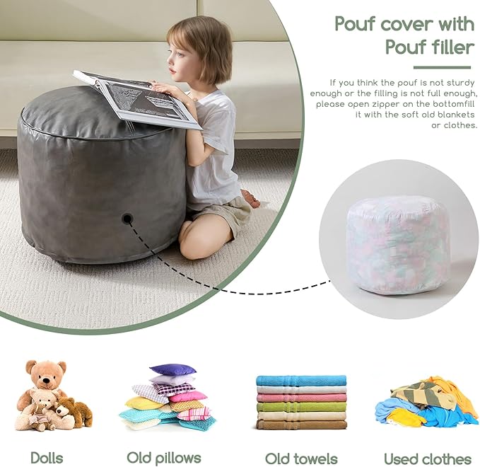 HIGOGOGO Round Stuffed Pouf Ottoman, Pu Leather Poufs with Foam Chunk Filling Foot Stool Storage Ottoman, 26 X 18 Floor Poufs Foot Rest for Living Room, Grey
