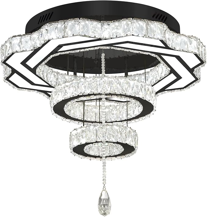Flashing God Modern Crystal Chandeliers Dia 24" Black Chandelier Flush Mount Ceiling Light for Bedroom Living Room Dining Room Hallway Dimmable 3 Rings LED Celing Lighting Fixtures