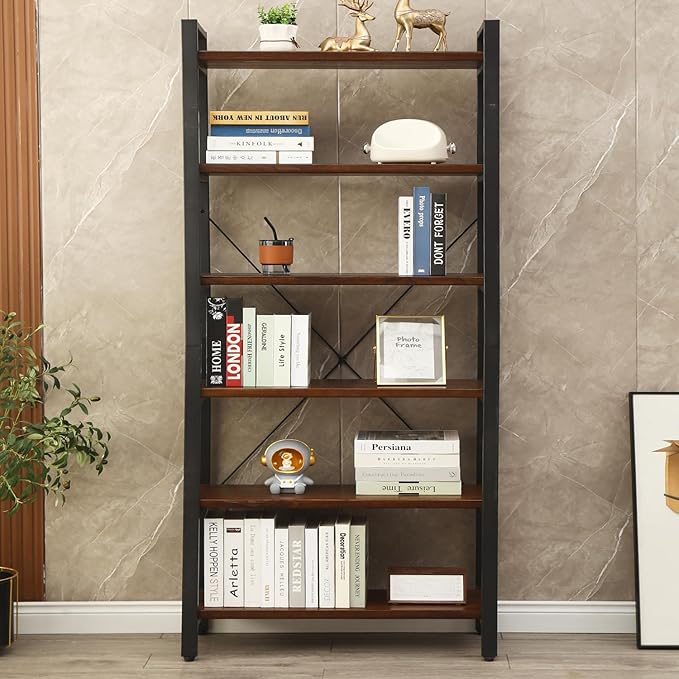 WH-AOERPYMY Natural Real Wood Bookcase,Industrial Bookshelf,6 Tier Solid Wood Open Book Shelf Storage,Metal Shelving Unit,Farmhouse Wide Etagere Bookcase for Office Living Bedroom (6 Tiers)