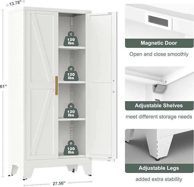61" Tall Farmhouse Metal Pantry Cabinet, Kitchen Pantry Storage Cabinets with 2 Barn Door and Adjustable Shelves,Metal Pantry Storage Cabinet,for Kitchen,Laundry Room,Home Office,Kids Room (White)