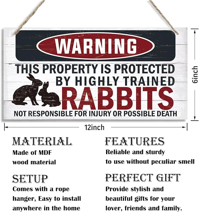 Funny Warning Signs, The Property is Protected By Highly Trained Rabbits Sign, Decorative Wood Hanging Wood Plaque, Rabbit Warning Decor Outdoor, Farm Decor, Rustic Home Decor for Front Door