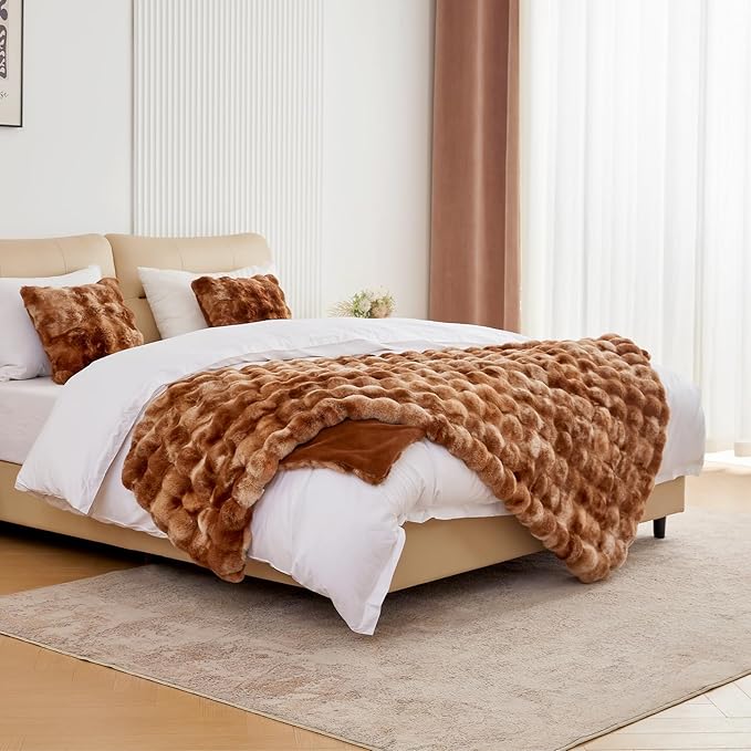 BENVWE Faux Fur Throw Blanket for Couch Bed - Fluffy Soft Thick Bubble Blanket for Living Room Home Decor - Fathers Day Birthday Gifts for Women Men, Tie-dye Caramel, 60" x 80"