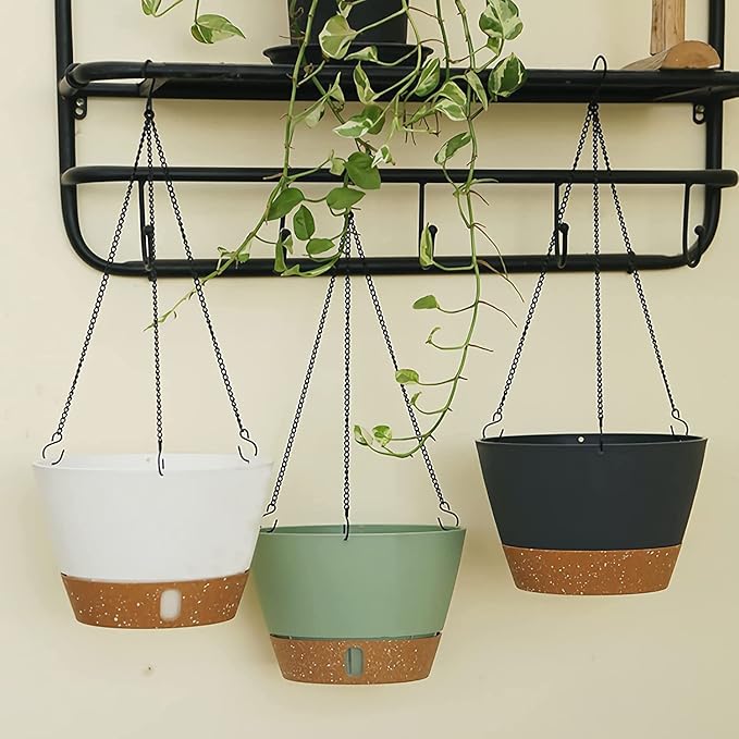 ZMTECH 8 Inch Hanging Planters for Indoor Plants, Hanging Baskets for Plants Outdoor with Visible Water Level, Hanging Flower Pots with Drainage Holes & Removable Tray(2 Pack, Green)