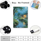 Moonlight under the big tree creek cabin scenery is suitable for posting in the living room bedroom office scenery poster wall painting