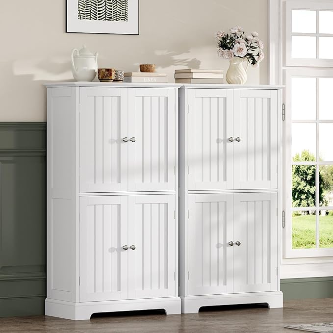 ChooChoo Bathroom Floor Cabinet, Modern Bathroom Storage Cabinet with 4 Doors and Adjustable Shelves, Freestanding Cupboard for Living Room, White
