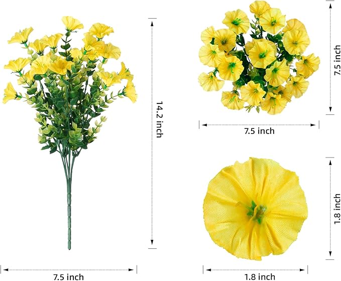 Artificial Mums for Outdoors Fake Fall Flowers Plants for Autumn Decoration, 12 Bundles Silk Morning Glory with Eucalyptus Look Real UV Resistant Yellow Faux Mums for Outside Planters Front Door Yard
