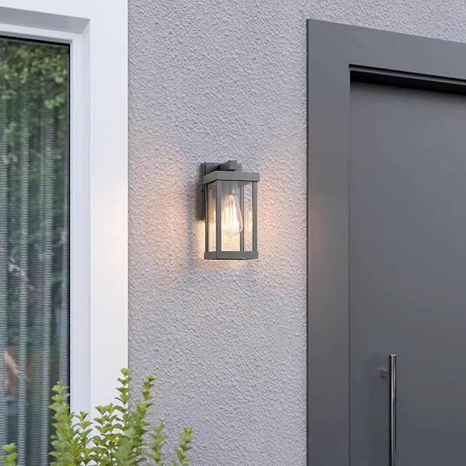 mirrea 11" Classic Outdoor Wall Sconce 1 Light in Matte Gray Rectangular Metal Frame and Clear Glass Shade Waterproof Porch Light Patio Light Pack of 2