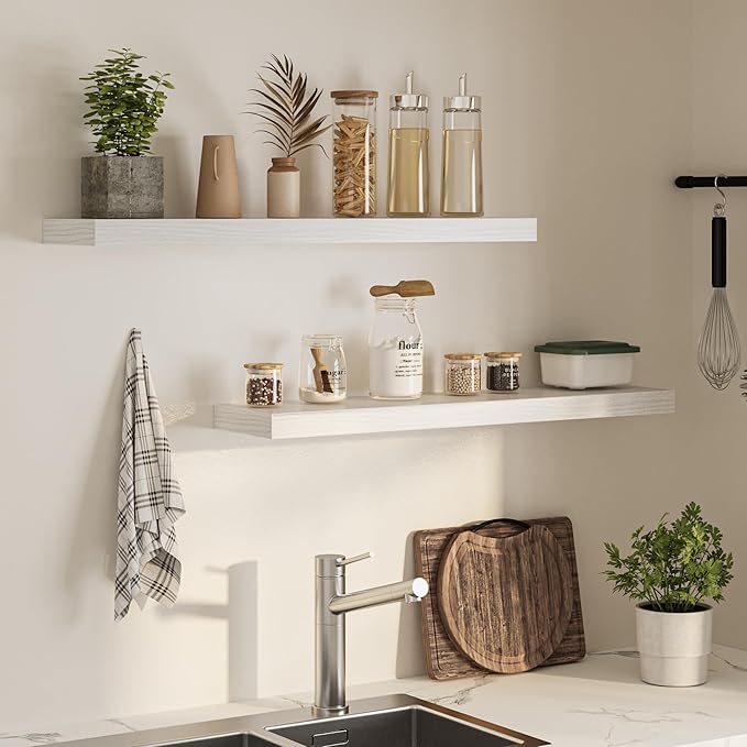 Floating Shelves for Wall,40" W x 8" D x 1.5" H, Wooden Wall Mounted Display Shelves with Invisible Brackets for Living Room, Bedroom, Bathroom, Kitchen Decor and Storage, Set of 2, White