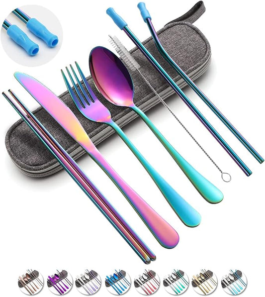 Travel Utensils Set with Case Reusable Portable Cutlery Set Stainless Steel 8pcs Including Dinner Knife Fork Spoon Chopsticks Straws(Rainbow)