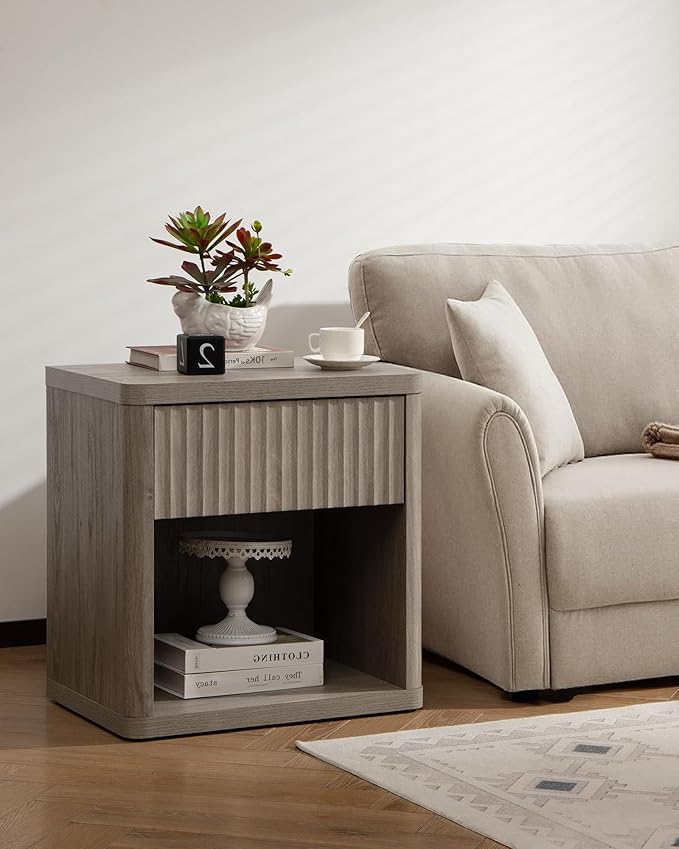 SICOTAS Large Nightstand with Drawer Storage - Grey Alder