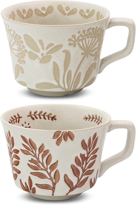 Ceramic Coffee Mug, 12 oz Novelty Unique Teacup with Large Handle, Stoneware Cup for Tea Mocha Latte Cappuccino Espresso (Set of 2, Butterfly and Ivy)