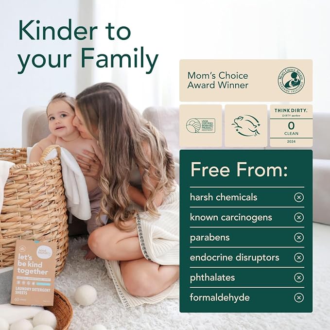 Kind Laundry Detergent Sheets with Stain-Fighting Enzymes - Plant Powered Eco-Friendly Laundry Soap Sheets - Home or Travel Laundry Detergent Fragrance Free, 120 Loads (Mom's Choice Award Winner)