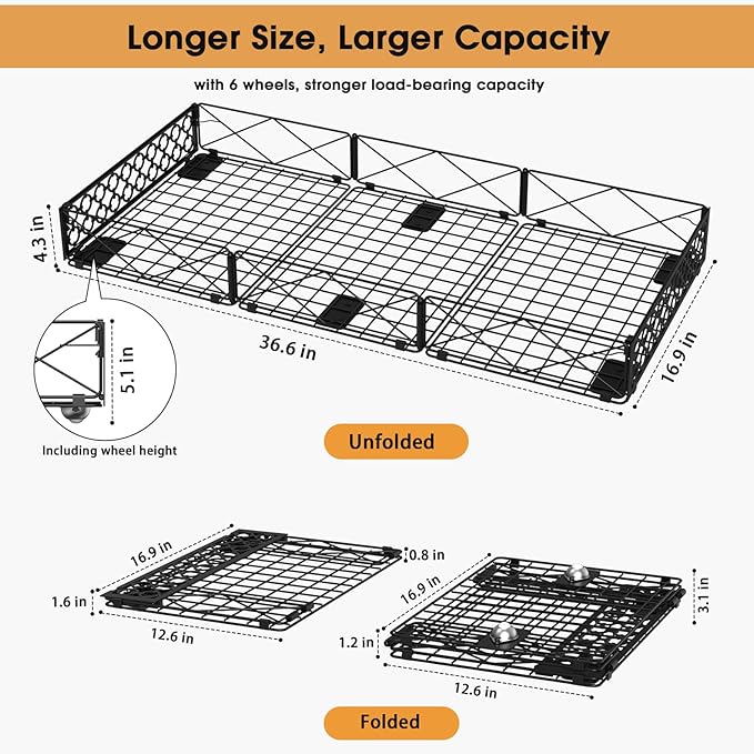 NADAMOO Large Under Bed Storage with Wheels, Low Profile Rolling Under Bed Storage Containers，Foldable Metal Under the Bed Organizer Bins for Bedroom，2 Packs