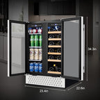 Tylza Wine and Beverage Refrigerator 24 Inch Dual Zone, French Door Wine and Beverage Cooler 24'' Built-In or Freestanding Drink Fridge, Under Counter Beer Refrigerator
