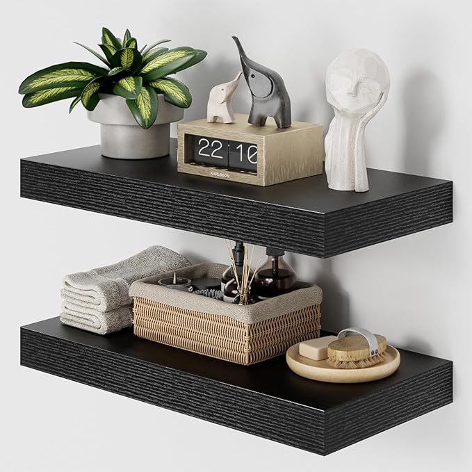 Heimlove 12" Deep Black Floating Shelves for Wall, 24 Inch Wall Shelf Bathroom Shelves Set of 2, Wall Mounted Shelves for Books Living Room Laundry Room Bedroom Kitchen Home Office