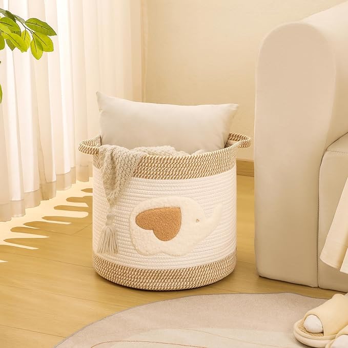 Large Blanket Baskets for Living Room Decor, Toy Storage Baskets Woven Cotton Rope Storage Basket for Kids, Dog Toys Organizer Clothes Hamper with Embroidery Decor for NurseryLaundry (Large, Elephant)
