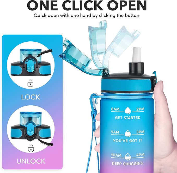 Enerbone Water Bottle, Leakproof BPA & Toxic Free, Motivational Water Bottle with Times to Drink and Straw, Fitness Sports Water Bottle with Strap for Office, Gym, Outdoor Sports