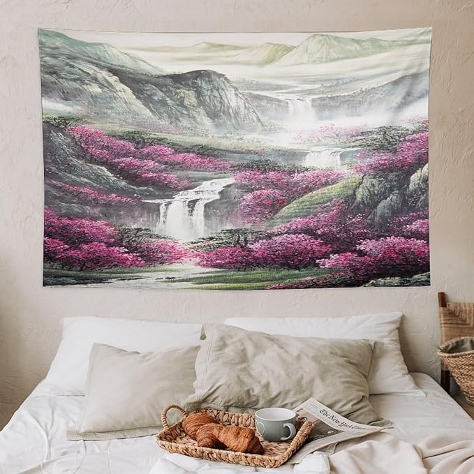 Japanese Tapestry, Red Plum Blossom Mountain Tapestry, Asian Japanese Wall Tapestry, Nature Landscape Tapestries for Bedroom Living Room Decor 60"x40"