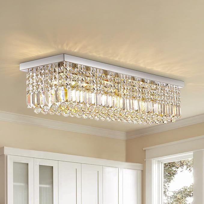 Siljoy Modern Crystal Chandelier 8-Lights Rectangular Flush Mount Pendant Ceiling Light Fixture Rectangle K9 Crystal Raindrop Chandelier for Dining Living Room Kitchen Island L40'' x W10'' x H10'