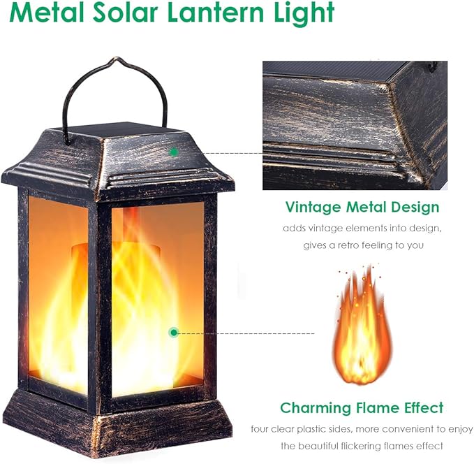 TomCare Solar Lights Metal Flickering Flame Solar Lantern Outdoor Hanging Lanterns Lighting Heavy Duty Solar Powered Waterproof LED Flame Lights for Patio Garden Christmas Decorations, 2 Pack (Bronze)