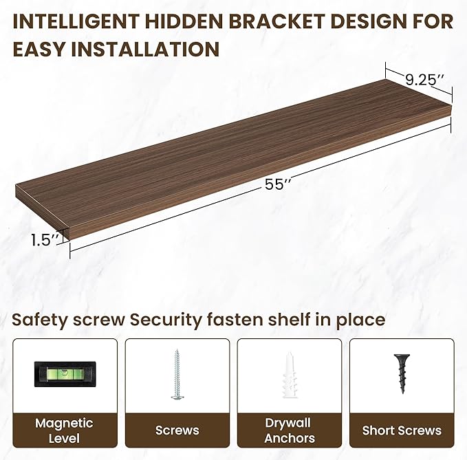 55 Inch Floating Shelves, 12 Inch Deep Floating Shelves for Wall, Floating Shelf with Invisible Brackets, Deep Wall Shelves for Bathroom, Bedroom, Living Room, 1 Pack, Walnut