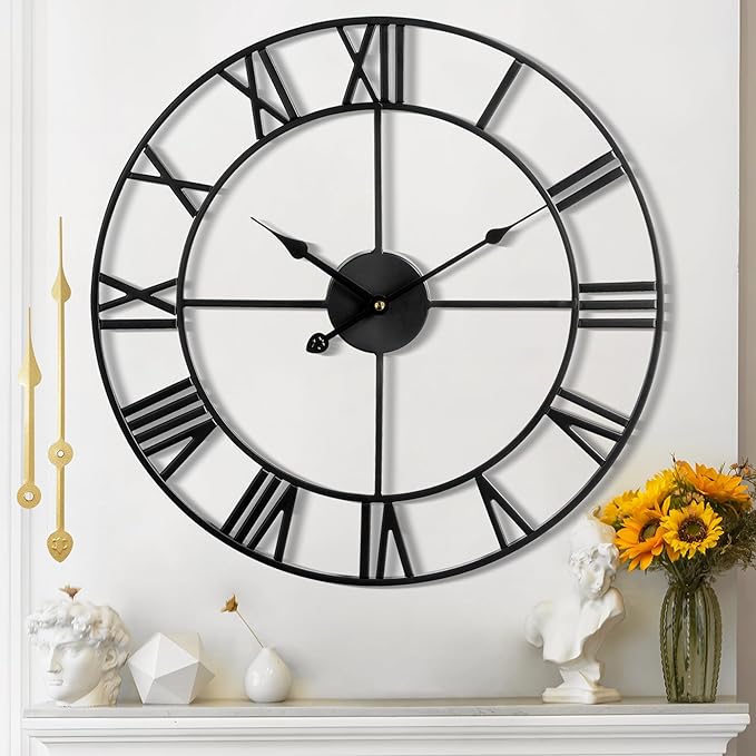 Large Wall Clock for Living Room Decor - 60cm/ 24 Inches Silent Non-Ticking Metal Wall Clocks Battery Operated, Vintage Decorative Modern Wall Clock for Bedroom, Office, Farmhouse Decor