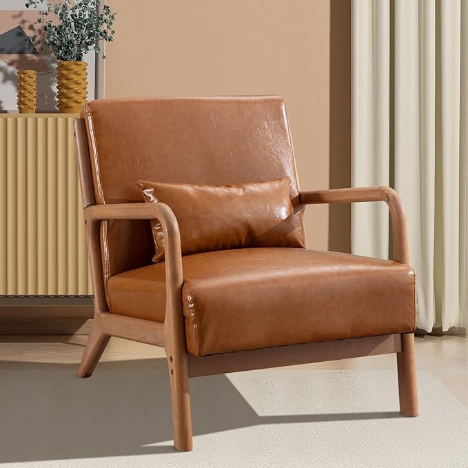 INZOY Mid-Century Modern Accent Chair Set of 2, PU Leather Reading Armchair with Waist Cushion, Upholstered Living Room Chairs for Bedroom Sunroom, Camel Set