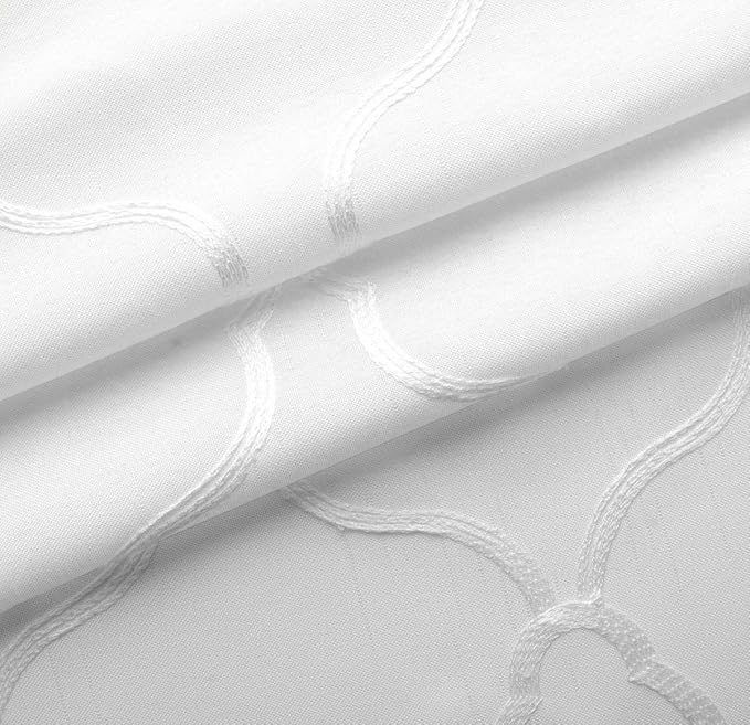 MIUCO Moroccan Embroidery Semi Sheer Curtains Faux Linen Grommet Window Curtains for Bedroom Living Room 63 Inch Length 2 Panels, Pure White