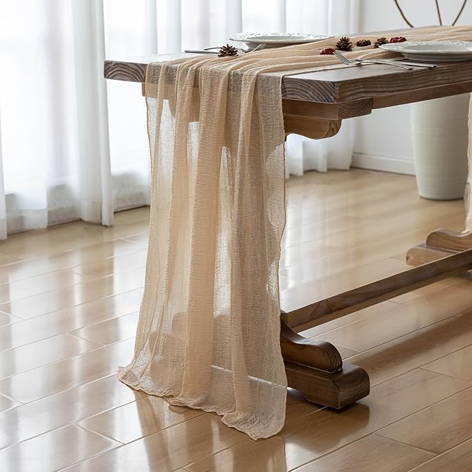 3pcs Deep Beige Cheesecloth Table Runner Rustic Boho Gauze 120 Inch 10 FT Cheese Cloth for Wedding Baby Shower Bridal Shower Birthday Party Long Sheer Home Decorations