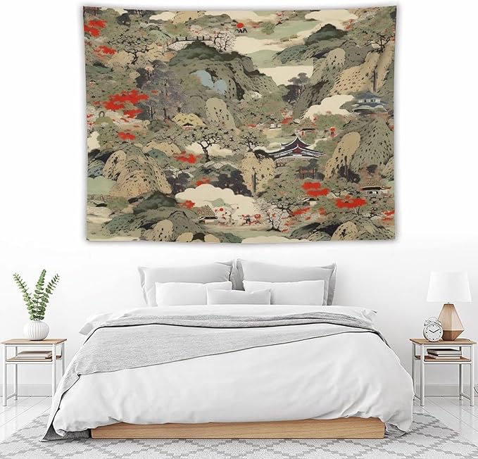 Asian Tapestry,Japanese Red Landscape Asian Watercolor Abstract Art Tapestry, Asian Japanese Wall Tapestry, Nature Landscape Tapestries for Bedroom Living Room Decor 80"x60"