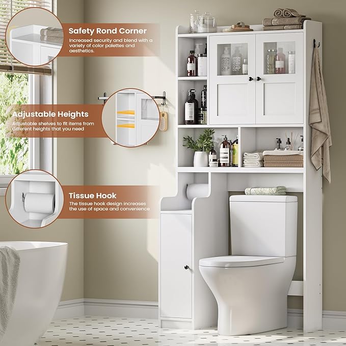 Itaar Over The Toilet Storage Cabinet, Over Toilet Bathroom Organizer with Glass Doors & Toilet Paper Holder Stand, Home Space-Saving Toilet Rack, for Bathroom, Restroom, Laundry(White)