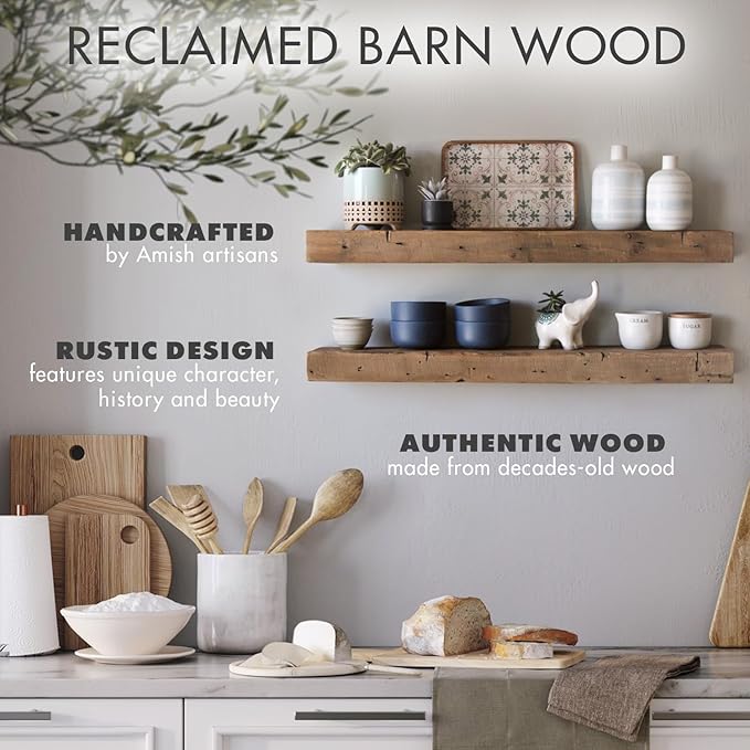 Urban Legacy Reclaimed Barnwood Planks | Floating Shelves for Wall w/Flush Mount Shelf Bracket Set Included | Set of 2 (Natural, 30"x7"x 2")