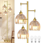 Gold Floor Lamp for Living Room,Bedroom,Tree 3 Light Standing Lamp Mid Century Modern Brass Tall Floor Lamps Vintage Retro Floor Lights Glass Flower Amber Lamp Shade Farmhouse Boho Bohemian