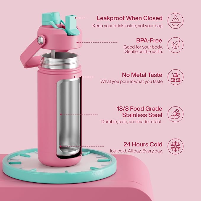 Insulated Water Bottle with Straw Stainless Steel Water Bottle, Leak-Proof, BPA-Free, Double Wall Vacuum Keeps Cold for 24 Hours for Sports, Travel, School (18 oz, Tulip)