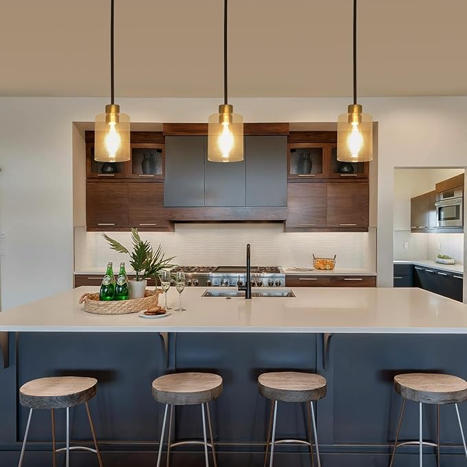 Black Brass Pendant Lights Kitchen Island - Clear Glass Pendant Light Fixture Multiple Stems Rods 3 Units 12 Inch 3 Units 4 Inch (3 Pack Black Brass Downrod)