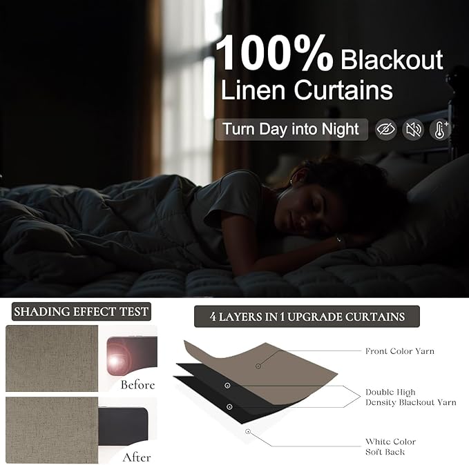 Brown Drapes 84 Inch Length 2 Panels Set Linen Long Curtains for Bedroom Windows Soundproof Energy Efficient Thermal Insulated Rustic Country Blackout Curtains for Living Room Pleated Back Tab Pocket