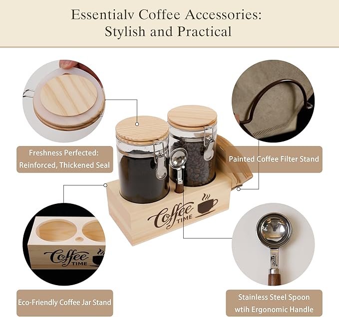 Glass Coffee Canister Set with Shelf & Spoon 2 Piece Coffee Containers for Coffee Bean Storage Airtight Seal, Coffee Bar Accessories Filter Holder for Kitchen Organization