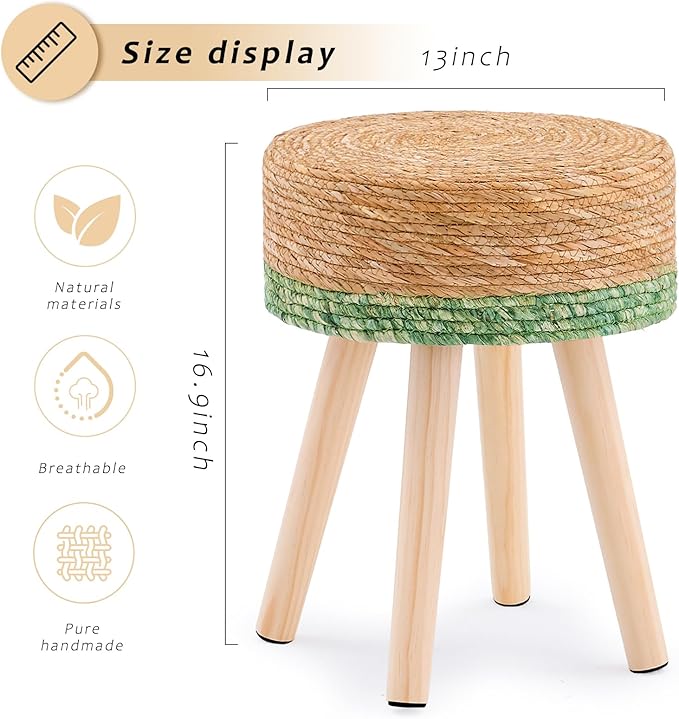 Handwoven Outdoor Ottoman, Water Hyacinth Pouf Round Patio Footstool with Wood Legs, 17-Inch Multipurpose Vanity Stool, Dining Chair, Patio Footrest for Balcony and Garden, Green